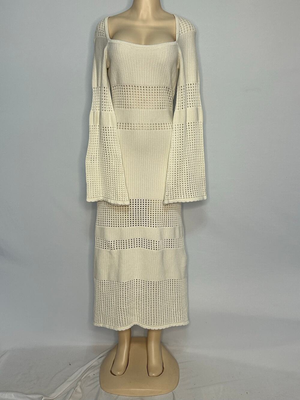 Forever 21 White Crochet Knit Midi Dress Bell Sleeve Square Neck Size Large